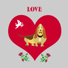 Illustration for valentine's day, Dog taxi cab, inside the heart, cartoon on light gray background,