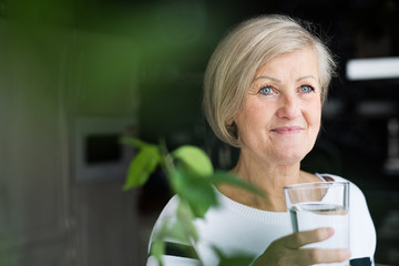 Senior woman holding a glass of water in the kitchen.