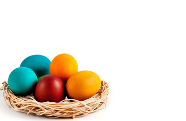 Colorful eggs on white background