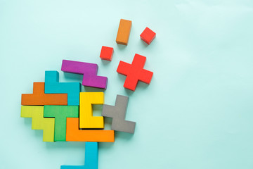 Alzheimer brain disease, shattering human brain, memory loss and mental problems concept. Flat style icon. Different thinking. Creative business concept.