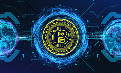 Technological background with the crypto currency bitcoin