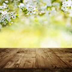 Wooden table with spring blossoms