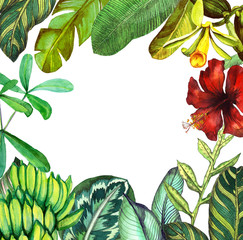 frame with tropical leaves and flowers. watercolor background with banana leaves