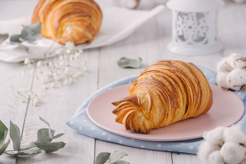 Delicious continental breakfast with fresh flaky french croissants, close up on the croissants. With white cotton flowers on a light wooden background. Provence rustic style