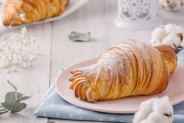 Delicious continental breakfast with fresh flaky french croissants, close up on the croissants. With white cotton flowers on a light wooden background. Provence rustic style