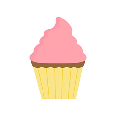 Cute sweet chocolate cupcake decorated with pink strawberry cream icing. Cupcake vector graphic illustration, isolated on white background.