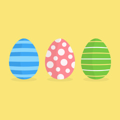 Colorful easter egg vector graphic icon. Set of three painted easter eggs with patterns, isolated on yellow background. Pink dotted egg, blue striped and green with white and yellow thin stripes.