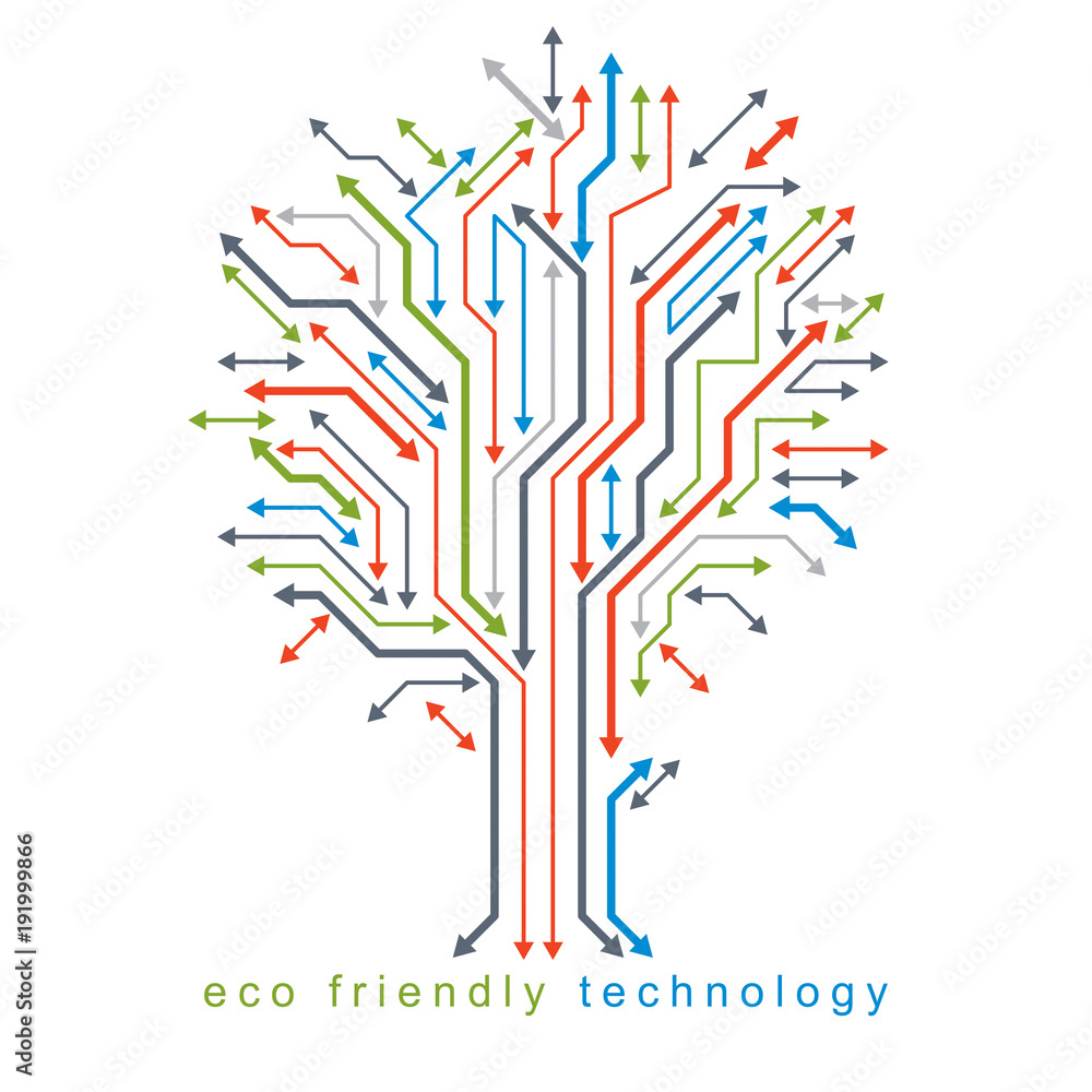 Poster art vector illustration of digital tree made using lines mesh and arrows as branches. eco friendly t