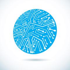 Vector microchip design, cpu. Information communication technology element, circuit board in round shape.