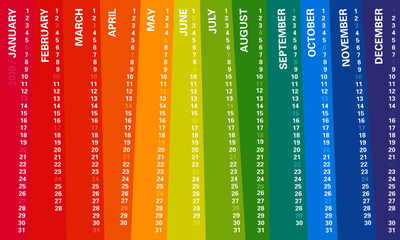  Creative wall calendar 2019 with irregular vertical rainbow design, sundays selected, english language. Multicolored template for web, business, print, postcard, wall, bookmark and banner.