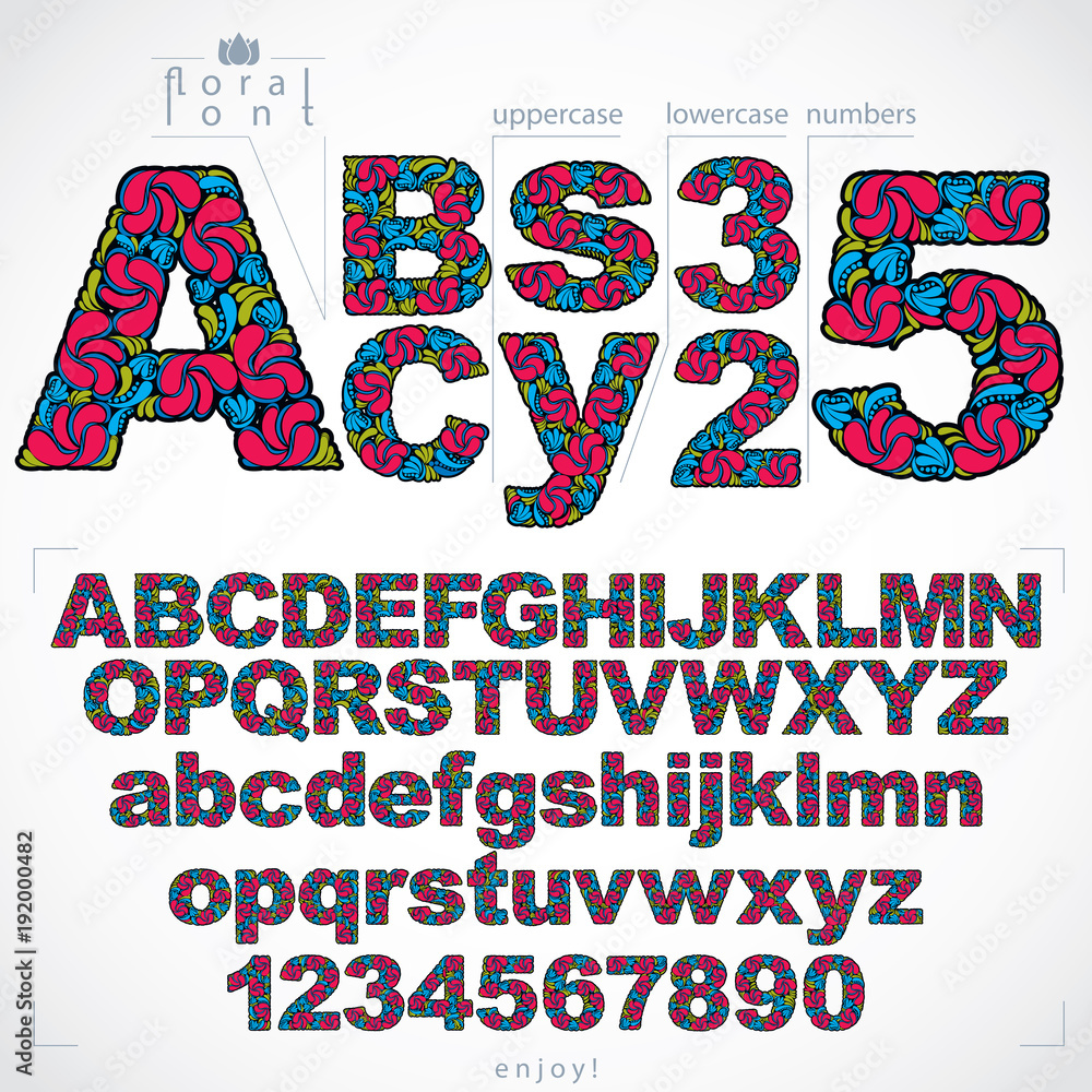 Poster set of beautiful letters and numbers decorated with herbal ornament. vector typescript made in flora