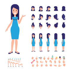 Front, side, back, 3/4 view animated character. Young girl character creation set with various views, hairstyles, face emotions, poses and gestures. Cartoon style, flat vector illustration.