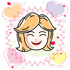 Caucasian type girl face expressing positive emotions, vector human head illustration. Beautiful blonde child with stylish haircut.