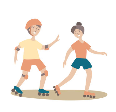 Happy couple, man and woman on roller skates. Vector illustration, isolated on white background.
