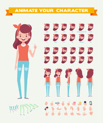 Front, side, back, 3/4 view animated character. Young girl character creation set with various views, hairstyles, face emotions, poses and gestures. Cartoon style, flat vector illustration.