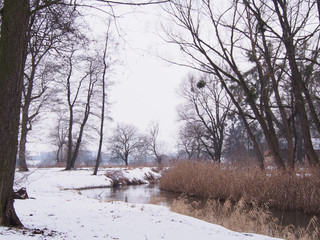 Frozen winter February morning above the river.