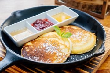 Pancakes with sweet sauce for breakfast