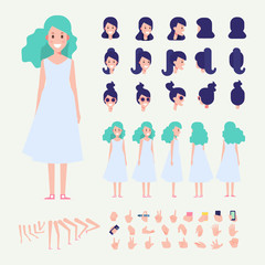 Flat Vector Young Woman character. Character creation set with various views, hairstyles and poses. Parts of body template for design work and animation.