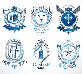 Obraz premium Heraldic Coat of Arms created with vintage vector elements, animals, towers, crowns and stars. Classy symbolic emblems collection, vector set.