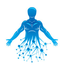 Athletic man vector illustration made using futuristic molecular connections. Human as the object of biochemistry research, genetic engineering.
