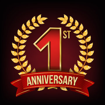 1 Year Anniversary Banner Vector. One, First Celebration. Shining Gold Sign. Number One. Laurel Wreath. Red Ribbon. For Business Event Design. Illustration