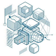 Abstract 3d shapes composition, vector isometric background. Composition of cubes, hexagons, squares, rectangles and different abstract elements.