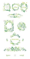 Big set of eco style round and square frames, decorations elements, borders made of green leaves, twigs, herbs, flowers and branches, flat doodle vector illustration isolated on white background