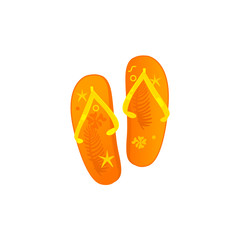 Vector flat travelling, beach vacation symbol beach slippers, flip flops orange colored with starfish print icon. Summer holiday poster, banner design element. Isolated illustration, white background
