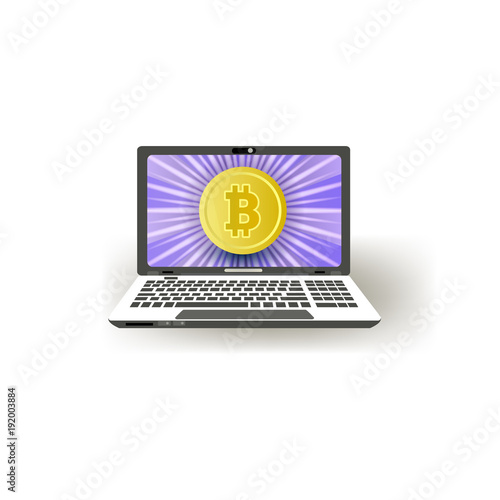 Vector Flat Laptop Computer Monitor With Bitcoins Poster Mining - 