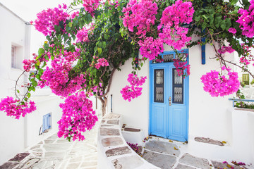 Fototapeta na wymiar Traditional greek house with flowers in Paros island, Greece