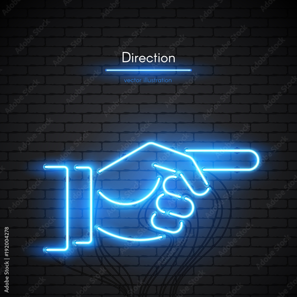 Poster image of a hand with pointing finger made of neon lamps on a background in the form of a dark brick 