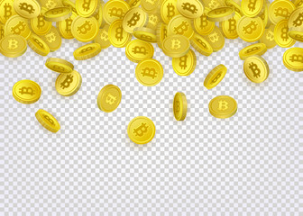 Bitcoin, cryptocurrency banner, flyer template with many golden coins falling down, vector illustration on background. Bitcoin banner template - coins with capital letter B sign falling down
