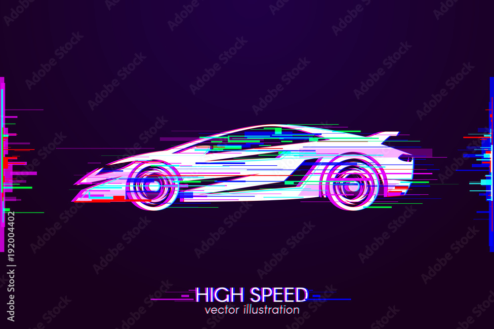Aufkleber high speed with interference. glitch logo of sport car on dark background. white object with anaglyp