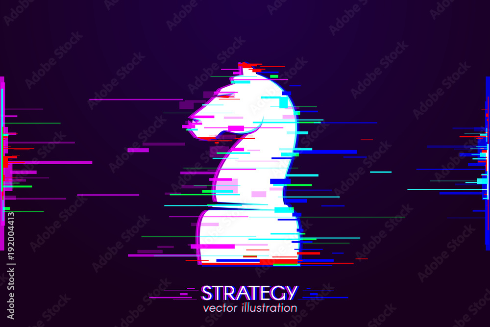 Leinwandbilder chess knight with interference. glitch logo of head of horse on dark background. white object with a