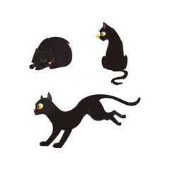 Vector cartoon black cat animals set. Funny flat domestic pets in different poses sleeping, playing with butterfly, running. Cute halloween holiday symbols. Isolated illustration, white background