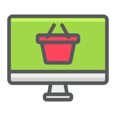 Online Shopping filled outline icon, basket and pc, e commerce sign vector graphics, a colorful line pattern on a white background, eps 10.