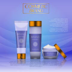 Vector 3D cosmetic illustration on a soft light waves background . Beauty realistic cosmetic product design template.