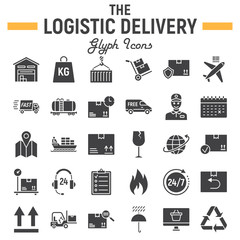 Logistic glyph icon set, Delivery symbols collection, vector sketches, logo illustrations, shipping signs solid pictograms package isolated on white background, eps 10.