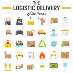 Logistic flat icon set, Delivery symbols collection, vector sketches, logo illustrations, shipping signs colorful solid pictograms package isolated on white background, eps 10.