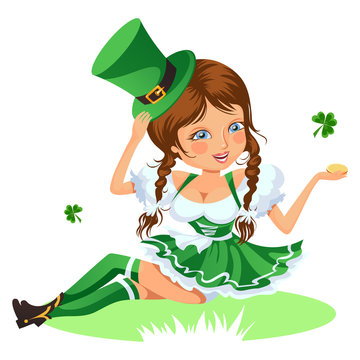 Saint patrick day characters, sexy girl in stockings and cylinder with  irish symbol of luck shamrock leaf, woman in short green dress, cartoon  lady in costume isolated on white vector illustration. Stock
