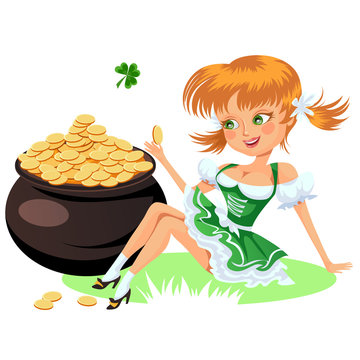 Saint patrick day characters, sexy girl in stockings and cylinder with irish symbol luck shamrock leaf, cartoon woman short green dress sits near pot full gold isolated on white vector illustration.
