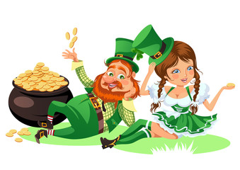 Saint patrick day characters, leprechaun and girl with mug of green beer, glass full alcohol ale, drunk man in cylinder symbol of luck shamrock, cartoon elf sits near pot full gold money isolated on