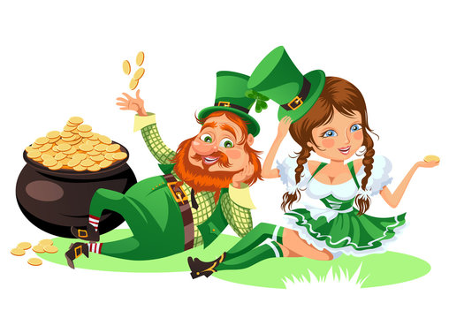 Saint patrick day characters, leprechaun and girl with mug of green beer, glass full alcohol ale, drunk man in cylinder symbol of luck shamrock, cartoon elf sits near pot full gold money isolated on