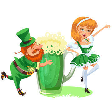 Saint patrick day characters, leprechaun and girl with mug of green beer, glass full alcohol ale, drunk man in cylinder symbol of luck shamrock, cartoon elf isolated on white vector illustration