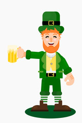 Flat character design illustration, leprechaun cartoon holds beer mug in the hand