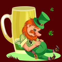 Saint patrick day leprechaun with mug of green beer, glass full alcohol ale, drunk man sleeping cylinder with celtic irish symbol of luck shamrock leaf, cartoon elf isolated on white vector
