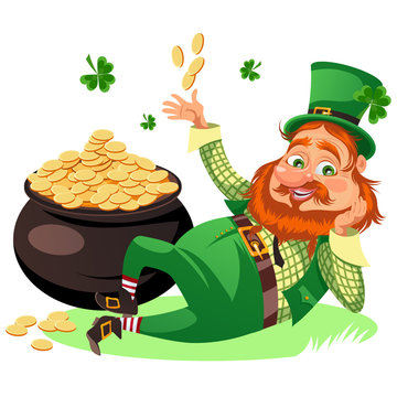 Saint patrick day characters, leprechaun with Red beard man in cylinder symbol of luck shamrock, cartoon elf sits near pot full gold money isolated on white vector illustration