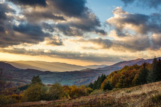 Sunset over  the Bieszczady Mountains in the autumn from Polonina Carynska, Podkarpackie, Poland