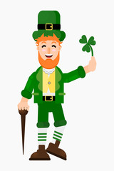Flat character design illustration, leprechaun cartoon with Shamrock leaf