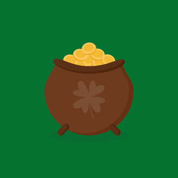 Brown pot full of gold vector illustration, icon. St. Patrick's Day leprechaun's pot of gold isolated on green background.